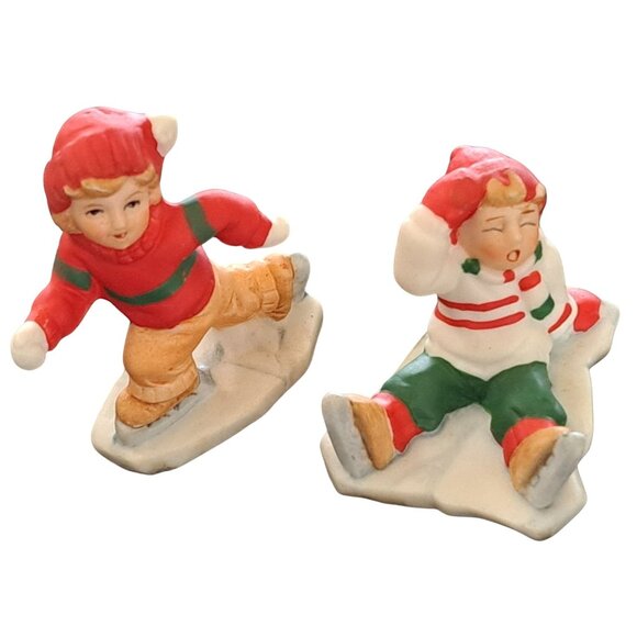 Vintage Lefton Holiday Child Figurines Boy Ice Skater Girl Falling Village - Picture 1 of 9